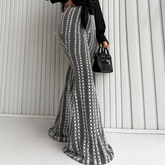 Women's Striped Flare Trousers - Mid-Rise Stretch