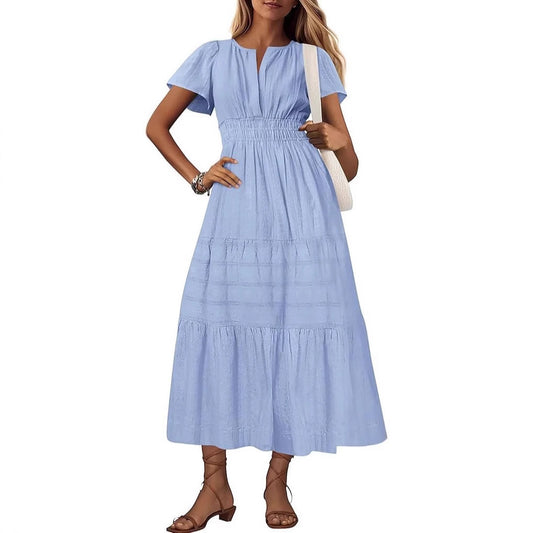 Women's V-Neck Pleated Puff Sleeve Maxi Dress