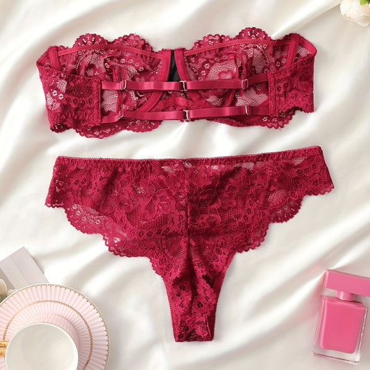 Women's Lace Floral Lingerie Set in Wine Red | Bra & Knicker Set