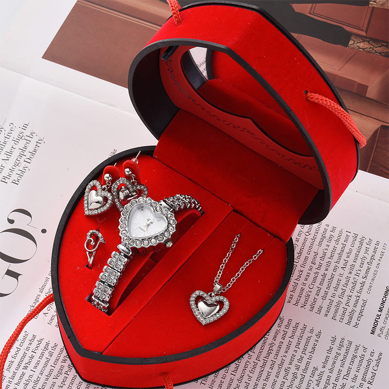 Women's Watch & Jewellery Gift Set | Heart Box | Gold & Silver