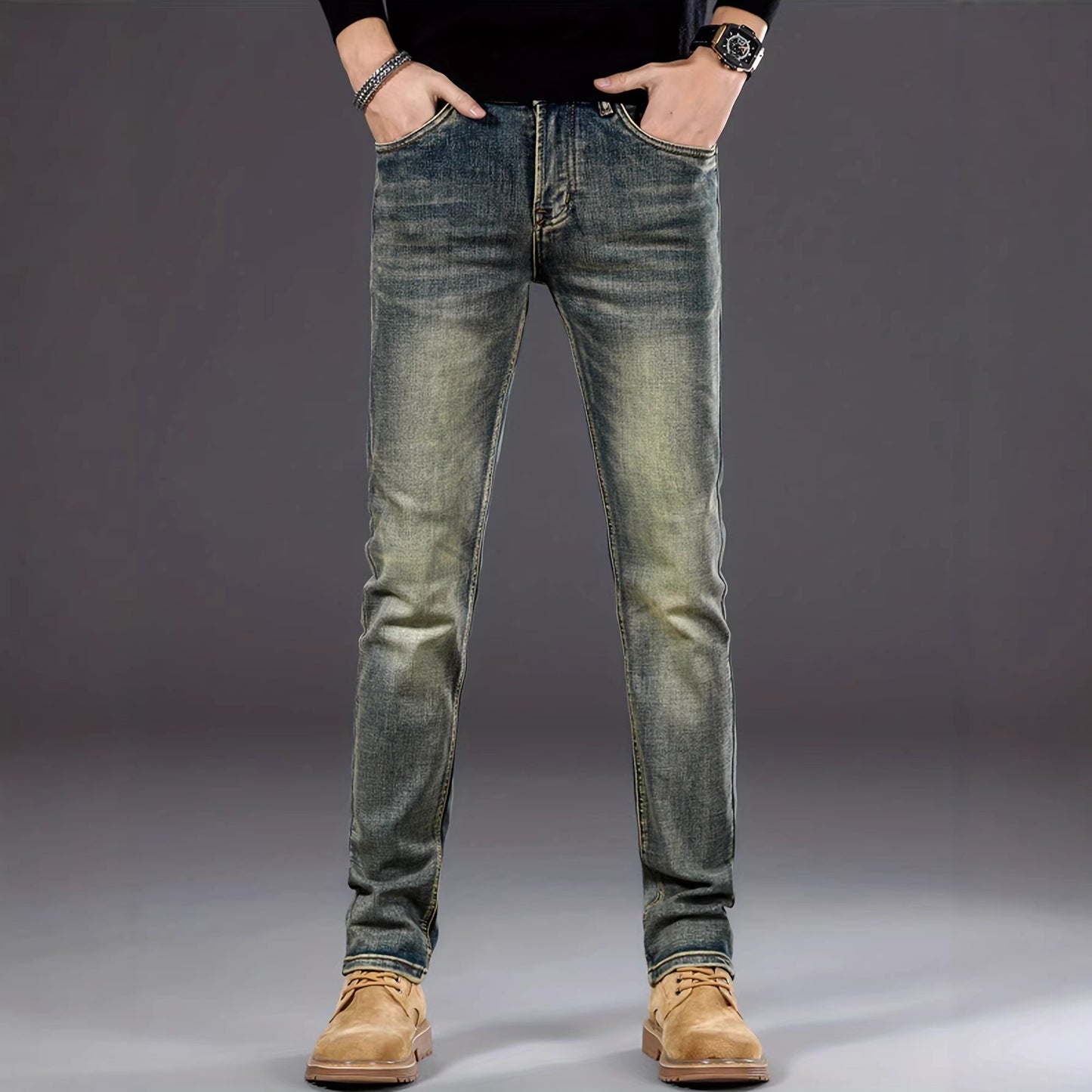 Men's Retro Slim Fit Jeans – Vintage Blue Washed Denim, Waist 30–40