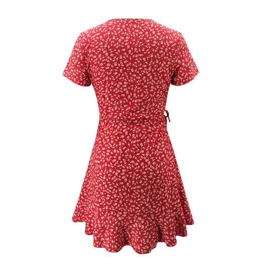 Women's V-Neck Ruffled Lace A-Line Mini Dress | Short-Sleeve Slim-Fit Cotton Blend Dress