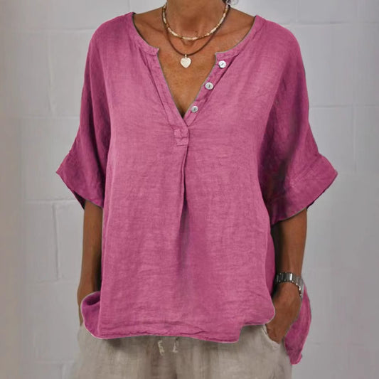 Women's Cotton-Linen V-Neck Button-Up Shirt | Relaxed Fit Casual Top