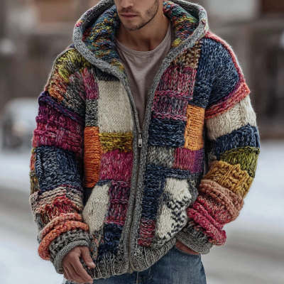 Men's Digital Plaid-Print Hooded Coat | Loose Fit Winter Jacket XXS–5XL
