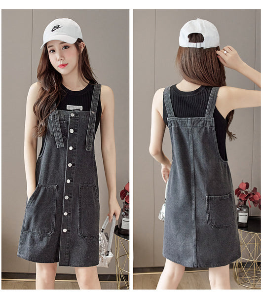 Women's High Waist Denim Pinafore Midi Dress | Gray | S–5XL