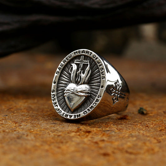 Men's Stainless Steel Sacred Heart of Jesus Ring – Punk Biker Cross Amulet