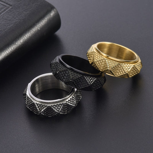 Men's Titanium Steel Pyramid Ring – Retro Geometric Silver, Gold & Black Band