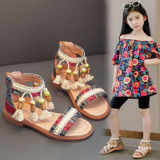 Girls' Retro Beaded Roman Sandals – Ethnic Style Kids Sandals