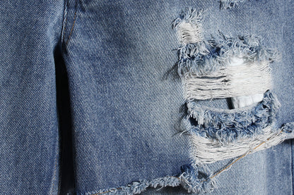 Women's Faux Two-Piece Patchwork Ripped Jeans - Blue, S-L
