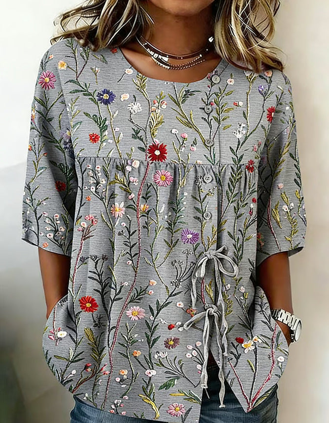 Women's Floral 3D Print Loose Pullover Top | Casual Commuter Cotton-Blend Shirt
