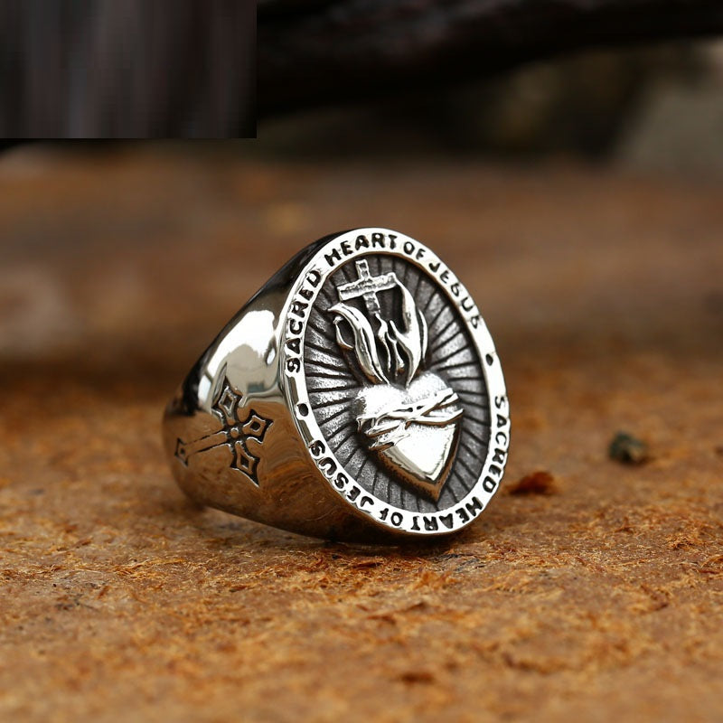 Men's Stainless Steel Sacred Heart of Jesus Ring – Punk Biker Cross Amulet