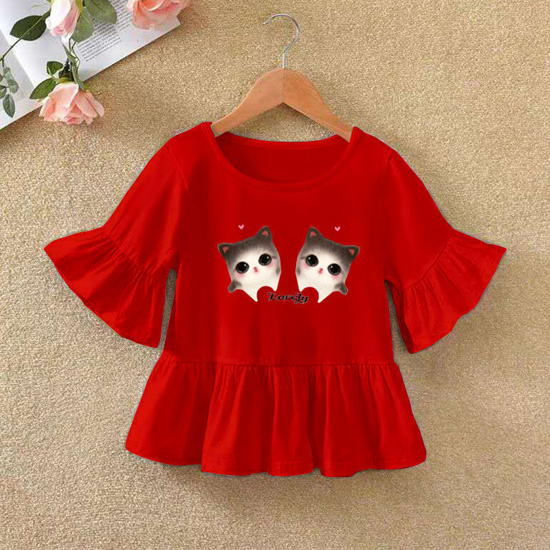 Girls Ruffle Sleeve Cartoon Print T-Shirt – Bow & Lotus Leaf Detail