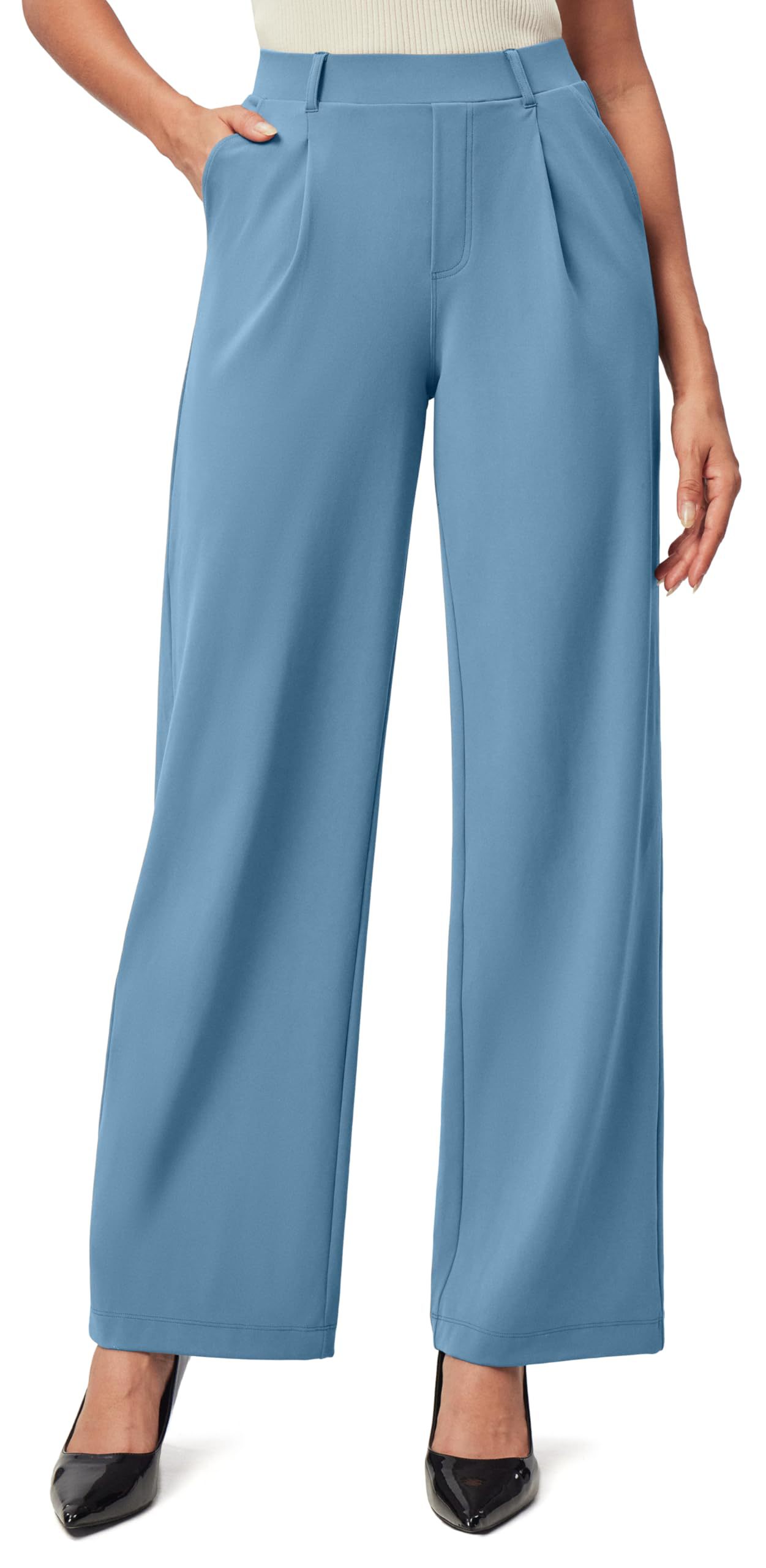 Women's High Waist Wide-Leg Work Trousers - Nylon Blend
