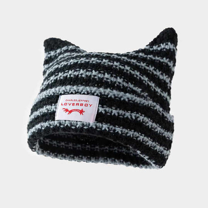 Women's Knitted Cat Ear Beanie | Striped Acrylic Winter Hat – 6 Colours