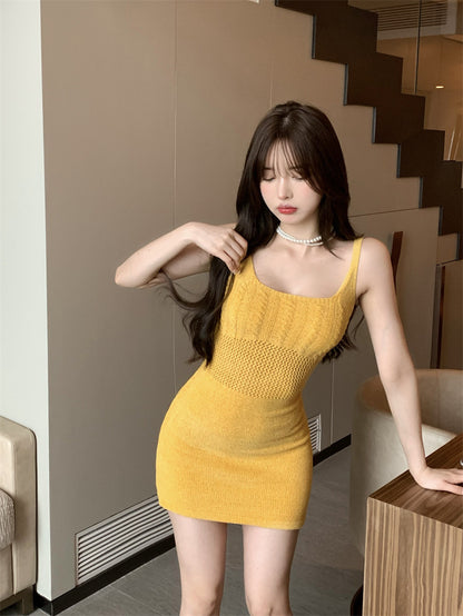 Women's Backless Bodycon Slip Dress – Elastic Waist | Black, Camel, Yellow