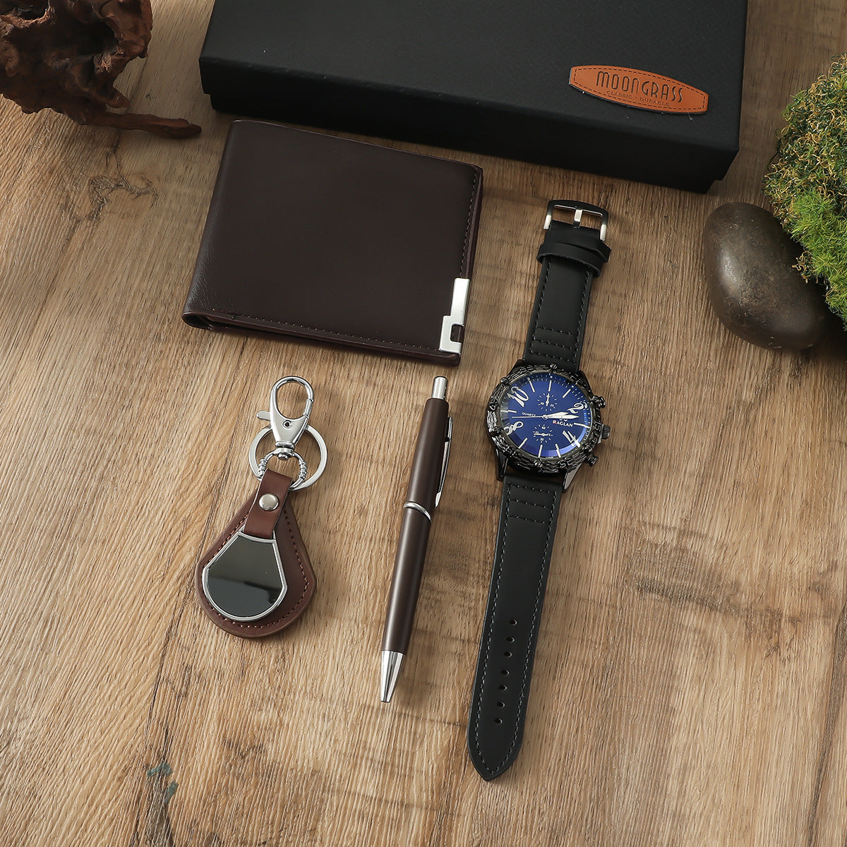 Men's Black Quartz Watch Gift Set | Wallet, Belt & Keychain