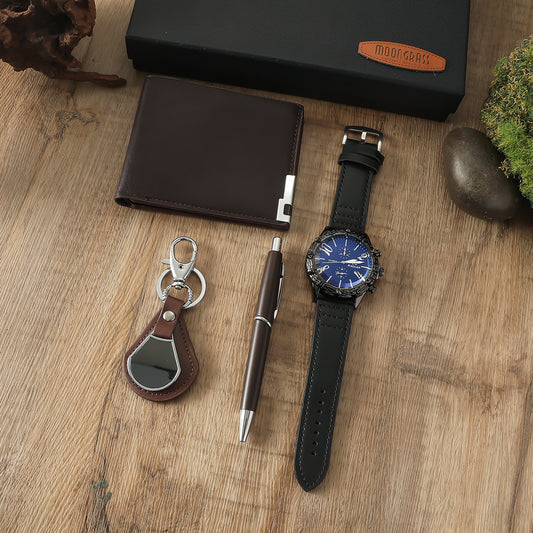Men's Black Quartz Watch Gift Set | Wallet, Belt & Keychain