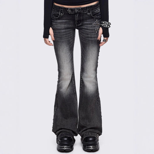 Women's Low-Rise Slim Flared Jeans | Ice Wash | Wing Detail | S–2XL