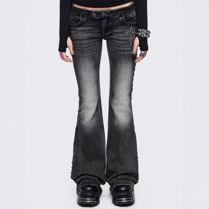 Women's Low-Rise Slim Flared Jeans | Ice Wash | Wing Detail | S–2XL