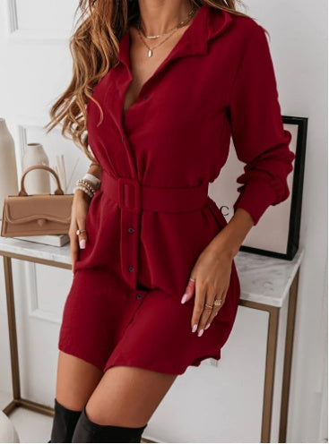 Women's Lapel Shirt Dress with Belt | Long Sleeve Midi