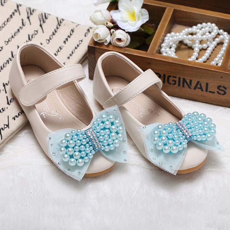 Girls' Pearl Bow Dress Shoes – PU Leather Velcro Flats