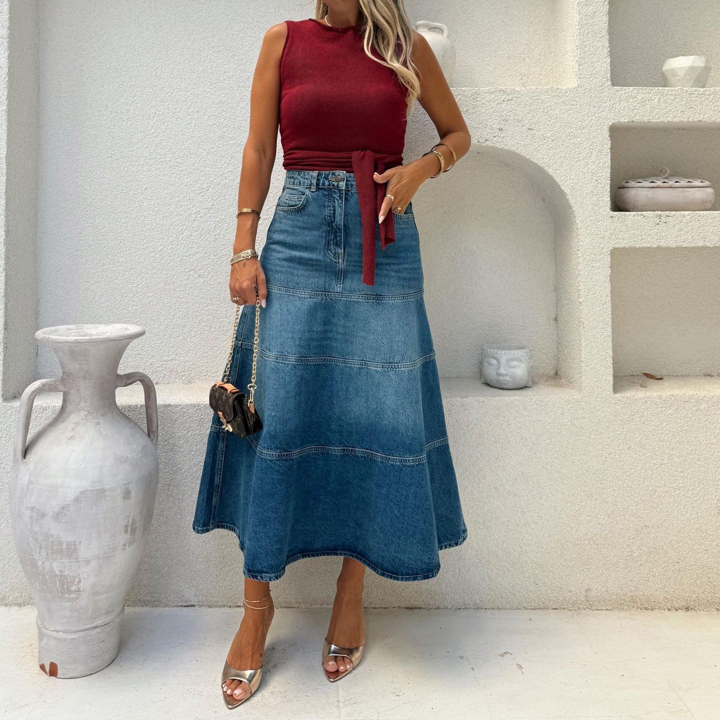 Women's Retro High-Waist Denim Midi Skirt
