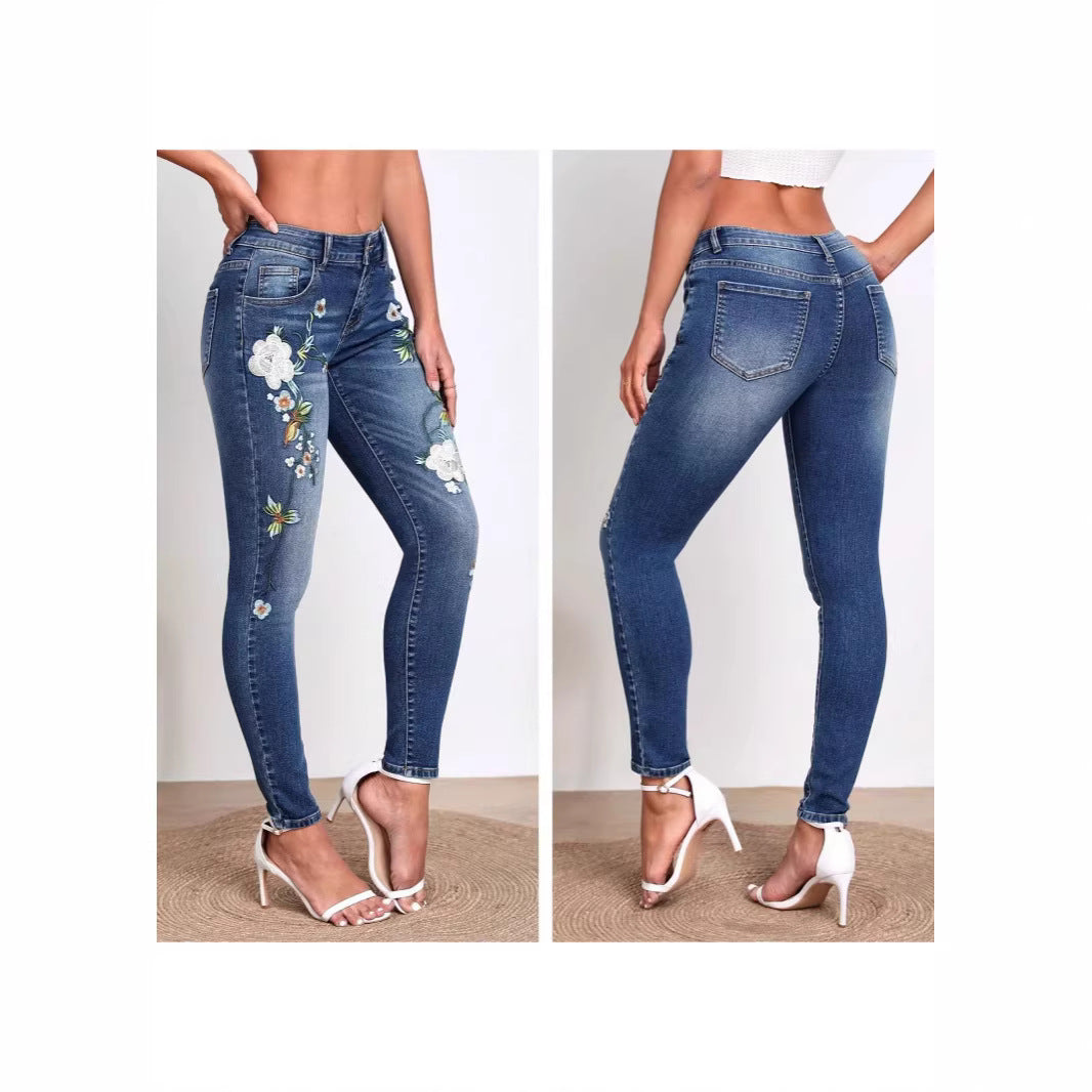 Women's High-Waist Slim-Fit Jeans | Floral Embroidery | XS–2XL