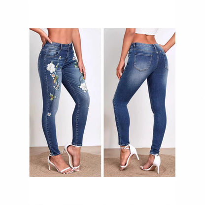 Women's High-Waist Slim-Fit Jeans | Floral Embroidery | XS–2XL
