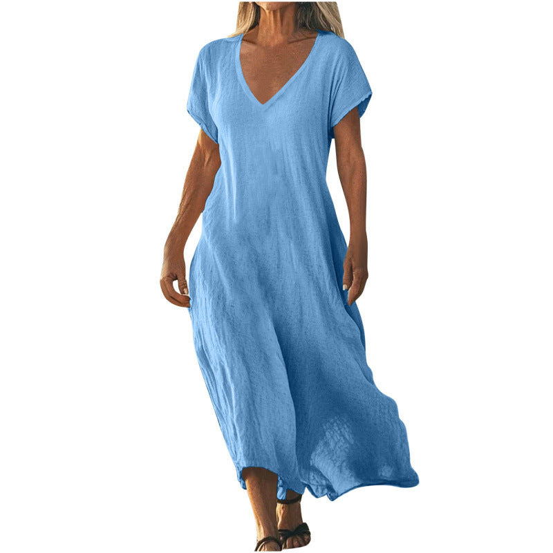 Women's Cotton Linen V-Neck Midi Dress