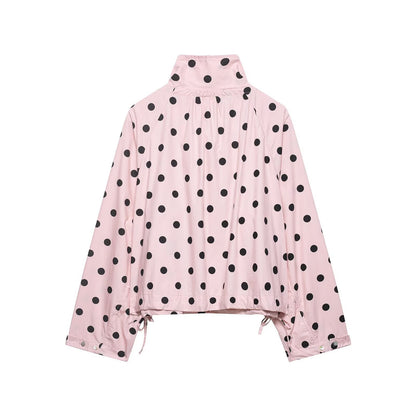 Women's Polka Dot Long-Sleeve Coat | Stand Collar Bow-Tied Single-Breasted Jacket