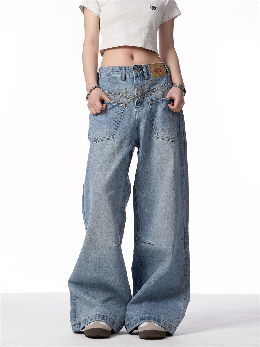 Men's Retro Washed Denim Jeans - Reversible Design, Mid-Rise