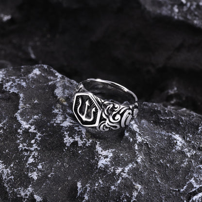 Men's Stainless Steel Trident Ring – Auspicious Cloud Design Steel & Black