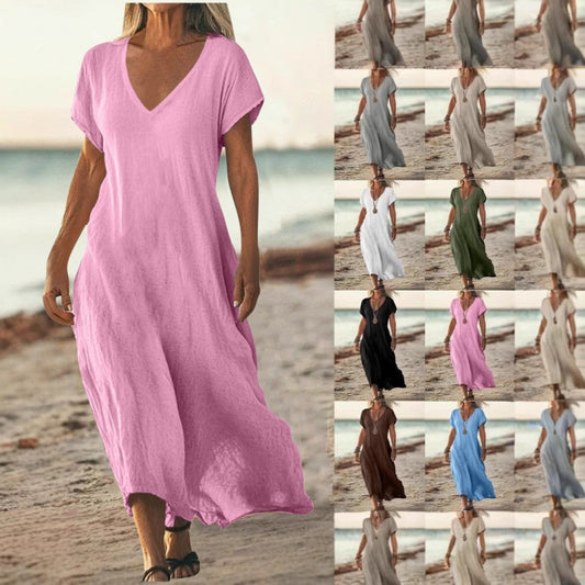 Women's Cotton Linen V-Neck Midi Dress