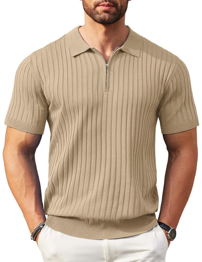 Men's Zip-Up Rib-Knit Polo Shirt | Slim Fit | S–5XL
