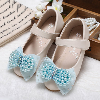 Girls' Pearl Bow Dress Shoes – PU Leather Velcro Flats