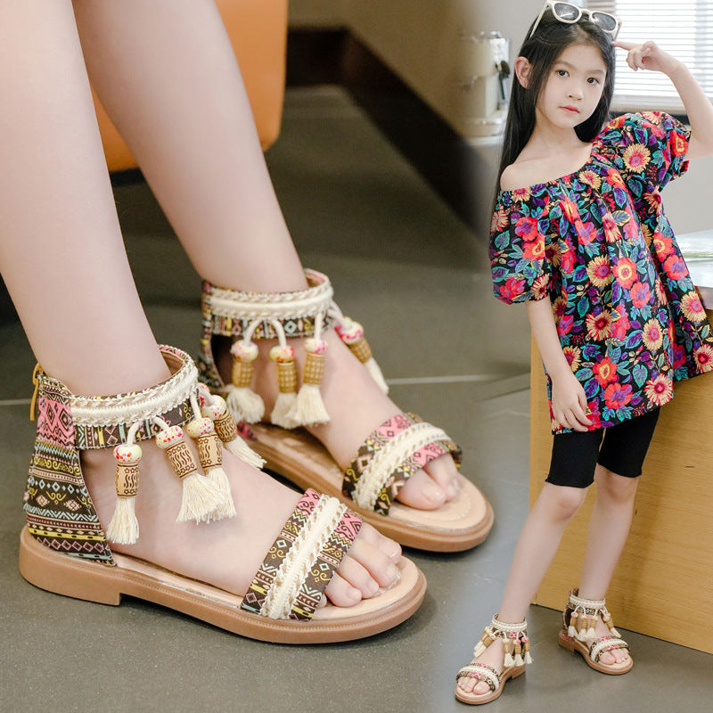 Girls' Retro Beaded Roman Sandals – Ethnic Style Kids Sandals