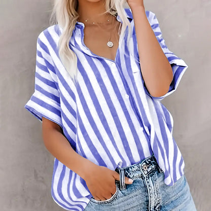 Women's Two-Tone Striped Short-Sleeve Top | Loose-Fit Digital Print Shirt