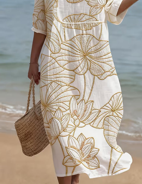 Women's Casual Floral Print Round Neck Dress | Beige