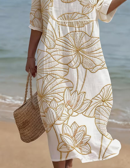 Women's Casual Floral Print Round Neck Dress | Beige