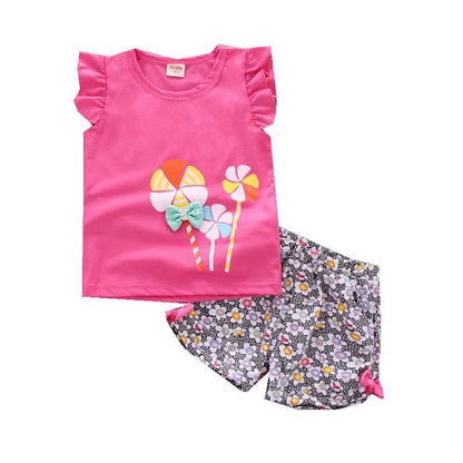 Girls' Cartoon Print Short-Sleeve Top & Shorts Set