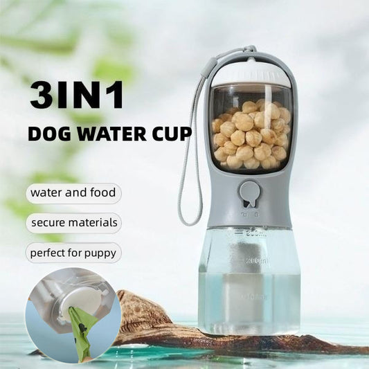 3-in-1 Portable Pet Travel Bottle | Water, Food & Waste Bag Dispenser