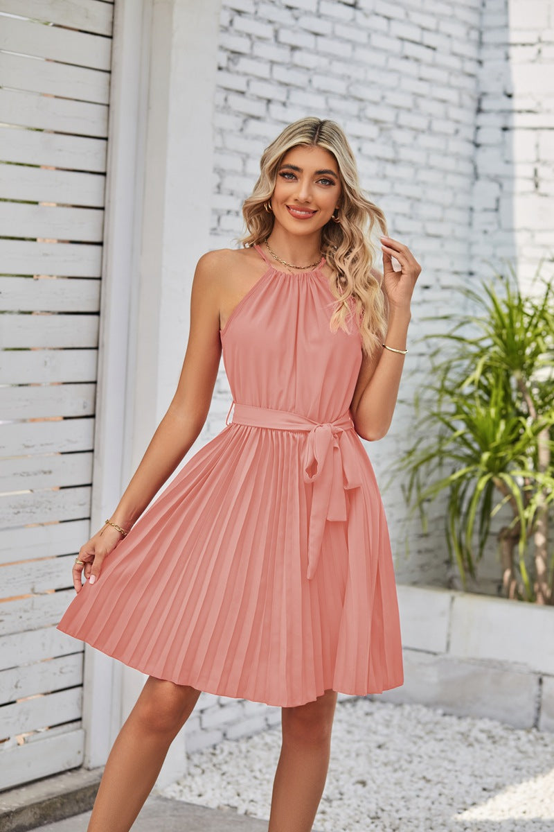 Women's Halter Neck Pleated Chiffon Midi Dress – 8 Colours | S–2XL