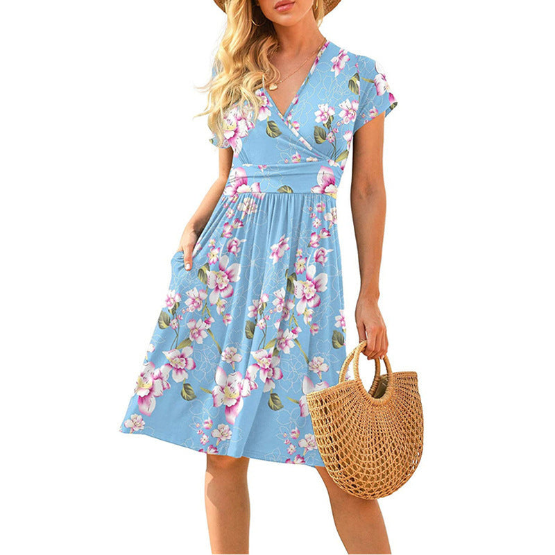 Women's Printed Midi Dress – High Waist, V-Neck & Pocket | S–3XL