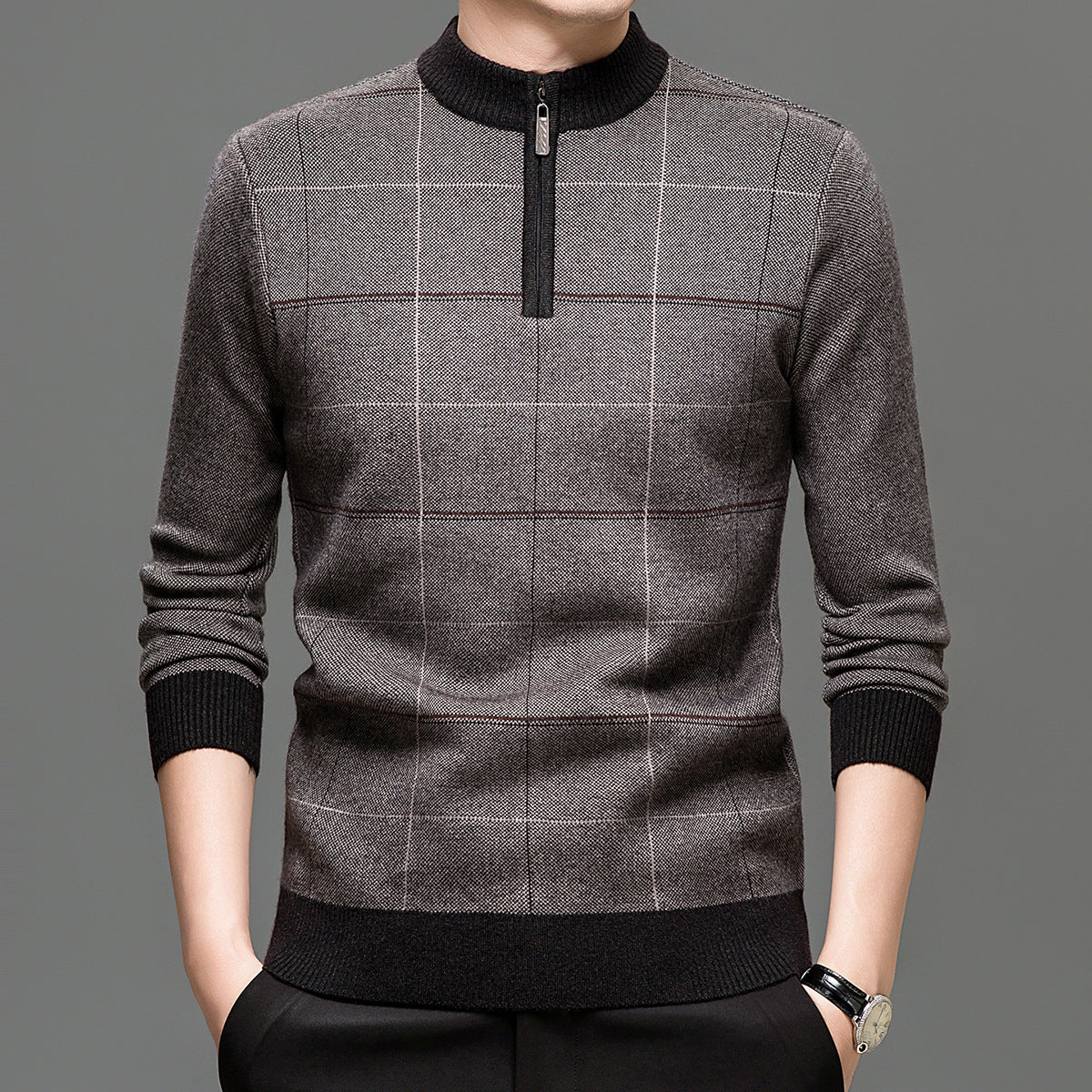 Men's Plaid Half-Zip Knit Sweater | Thick Stretch Fit | JParker