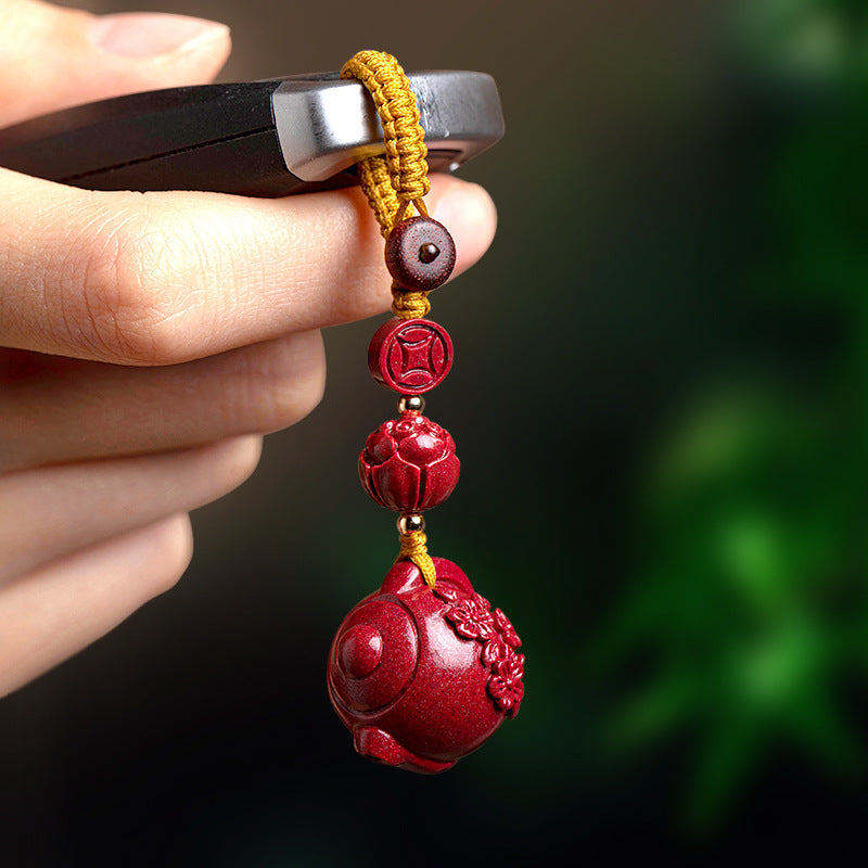 Cinnabar Plum Blossom Pot Keychain | Traditional Design
