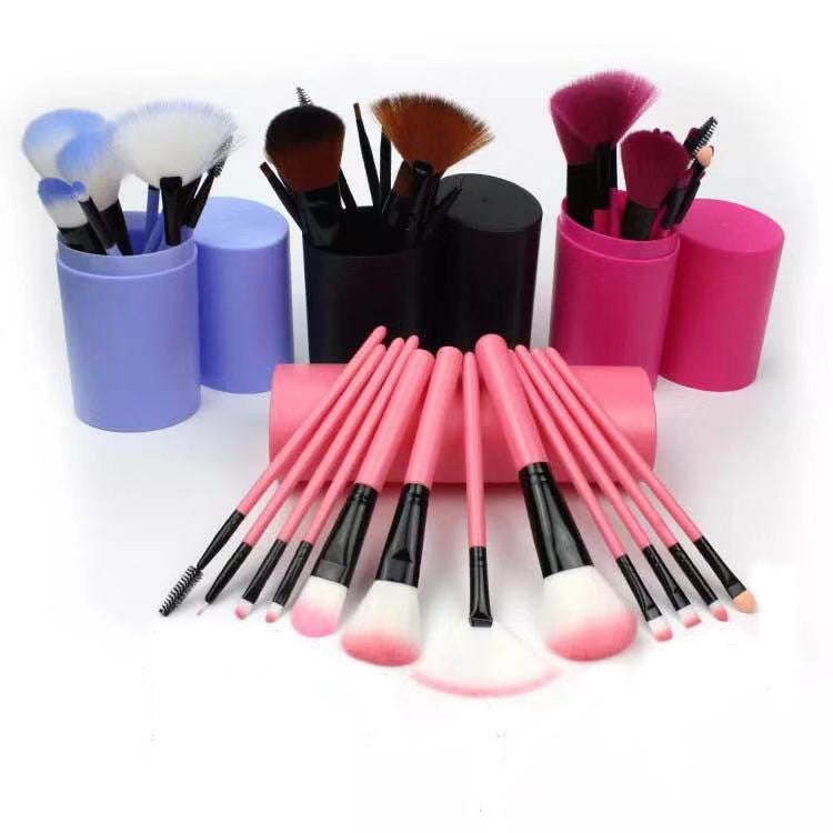 12-Piece Makeup Brush Set with Barrel Box – Rayon Bristles, 8 Colours