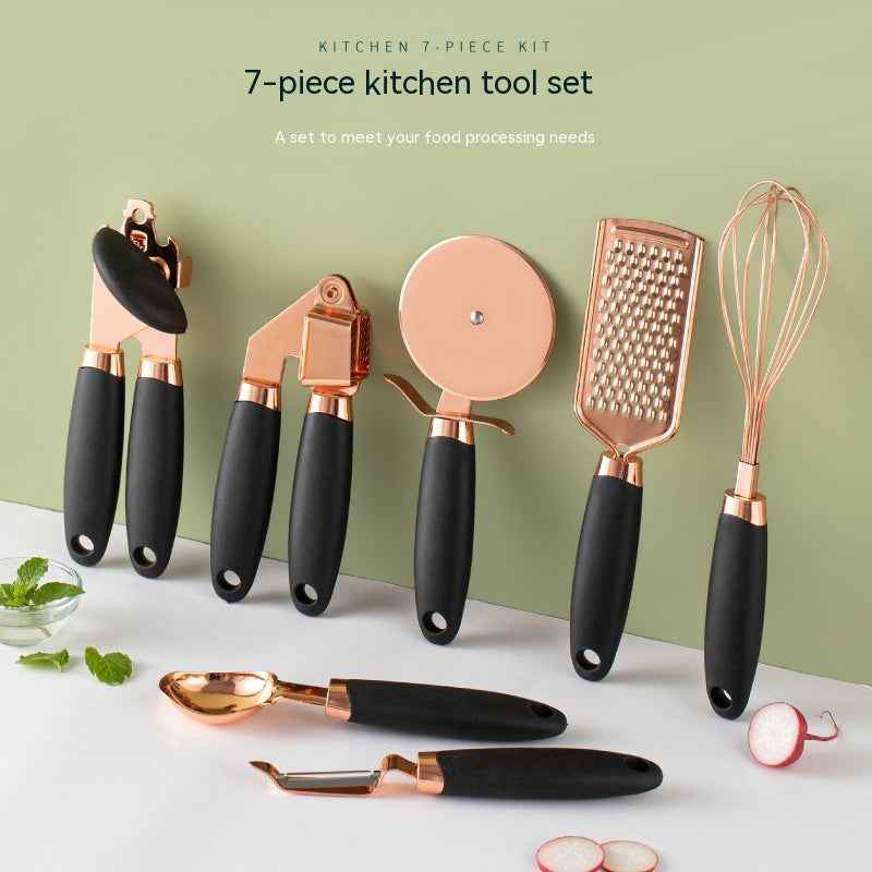7-Piece Stainless Steel Kitchen Tool Set – Rose Gold Finish Cooking Utensils with Rack