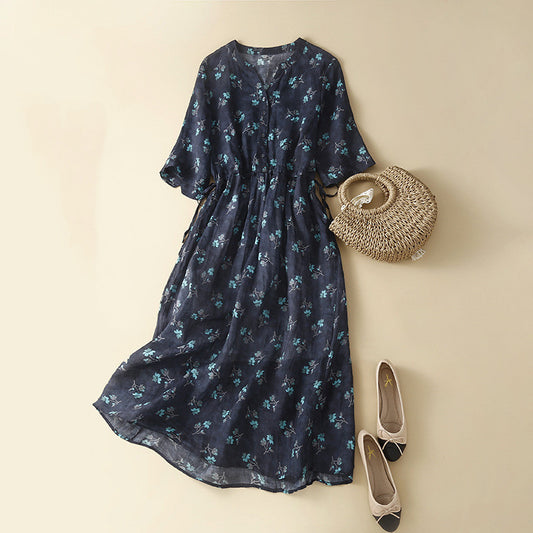 Women's Puff Sleeve Printed Midi Dress | Retro Loose Fit