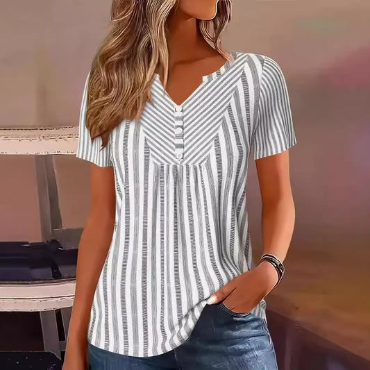 Women's V-Neck Contrast Patchwork Blouse – Pink & Grey | Sizes S–XXL
