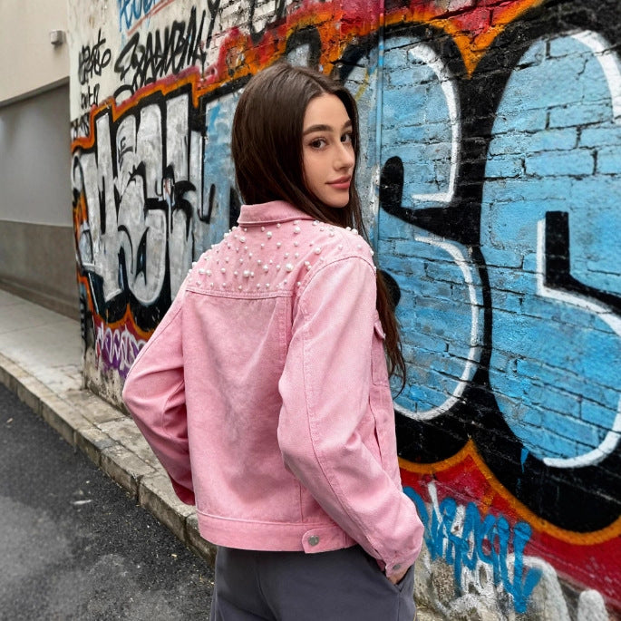Women's Beaded Detail Slim Fit Denim Jacket – Pink | Sizes S–5XL